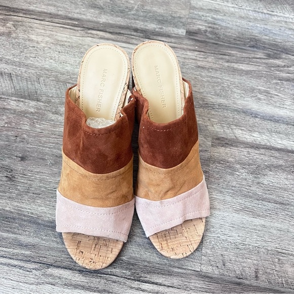 MARC FISHER Mules Slides Sandals Retro Color Block Suede Brown Pink 9.5M + - Picture 2 of 7